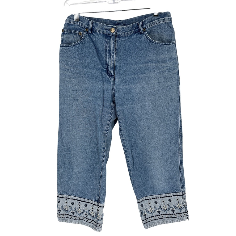 Style & Co Cropped Jeans 8 Embroidered Hem Wide Leg Blue Boho Coastal Cowgirl